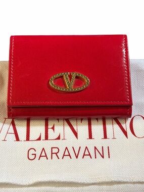 Valentino Garavani Red Leather Wallet with Gold V Logo W/ Dusty